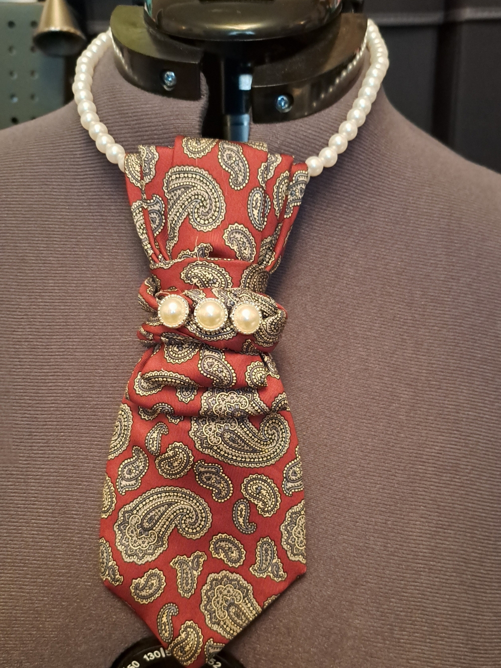 Upcycled Red Paisley Pearl-Accent Ascot Tie